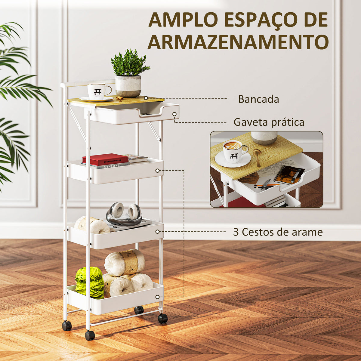 Carrinho Auxiliar com Rodas de 4 Níveis Carrinho de Cozinha com 1 Gaveta e 3 Cestos Carrinho Organizador para Dormitorio Sala Escritório 45x29,5x117,5 cm Branco — foto 4