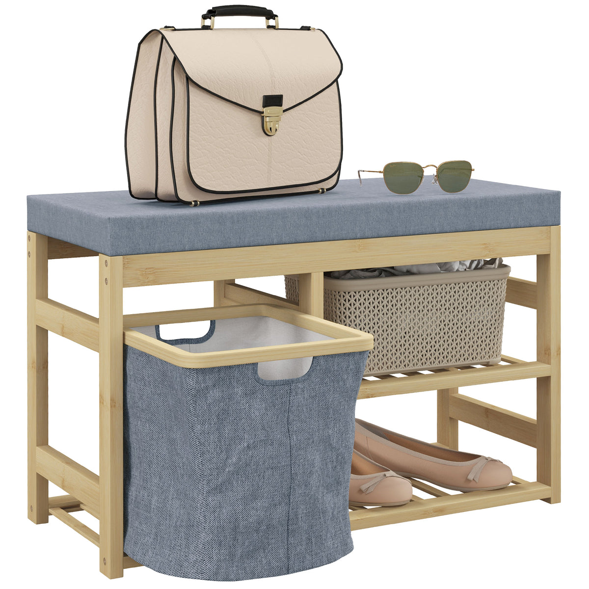 Banco para Sapatos de Bambu Móvel Sapateira com Assento Cesta Amovível e Prateleiras Abertas para 4 Pares de Sapatos Banco Sapateira para Entrada Corredor 69x30x45 cm Madeira — foto 1