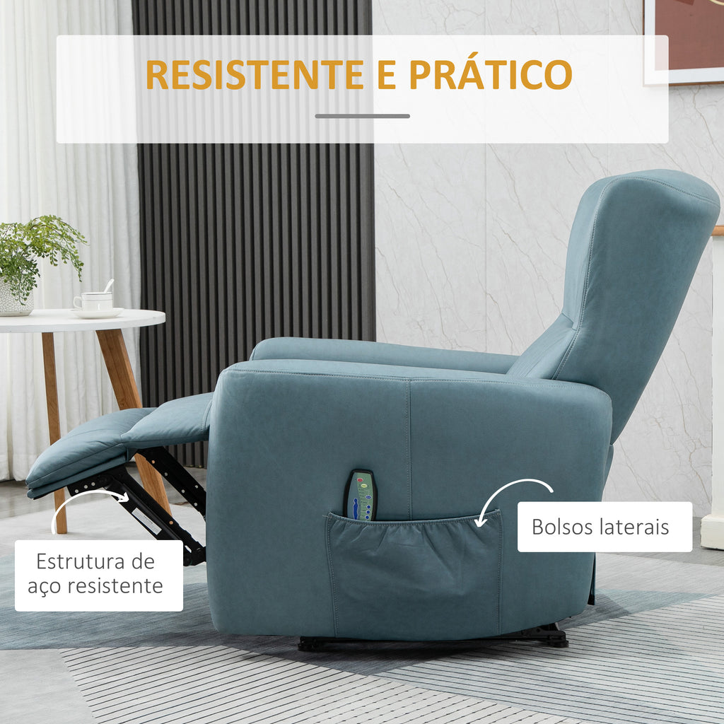 Poltrona de Massagem Relax Estofada em Tecido Técnico com Reclinação Manual 155° 8 Zonas de Massagem Contolo Remoto Apoio para os Pés e 2 Bolsos Laterais 79x101x96cm Azul Claro — foto 7