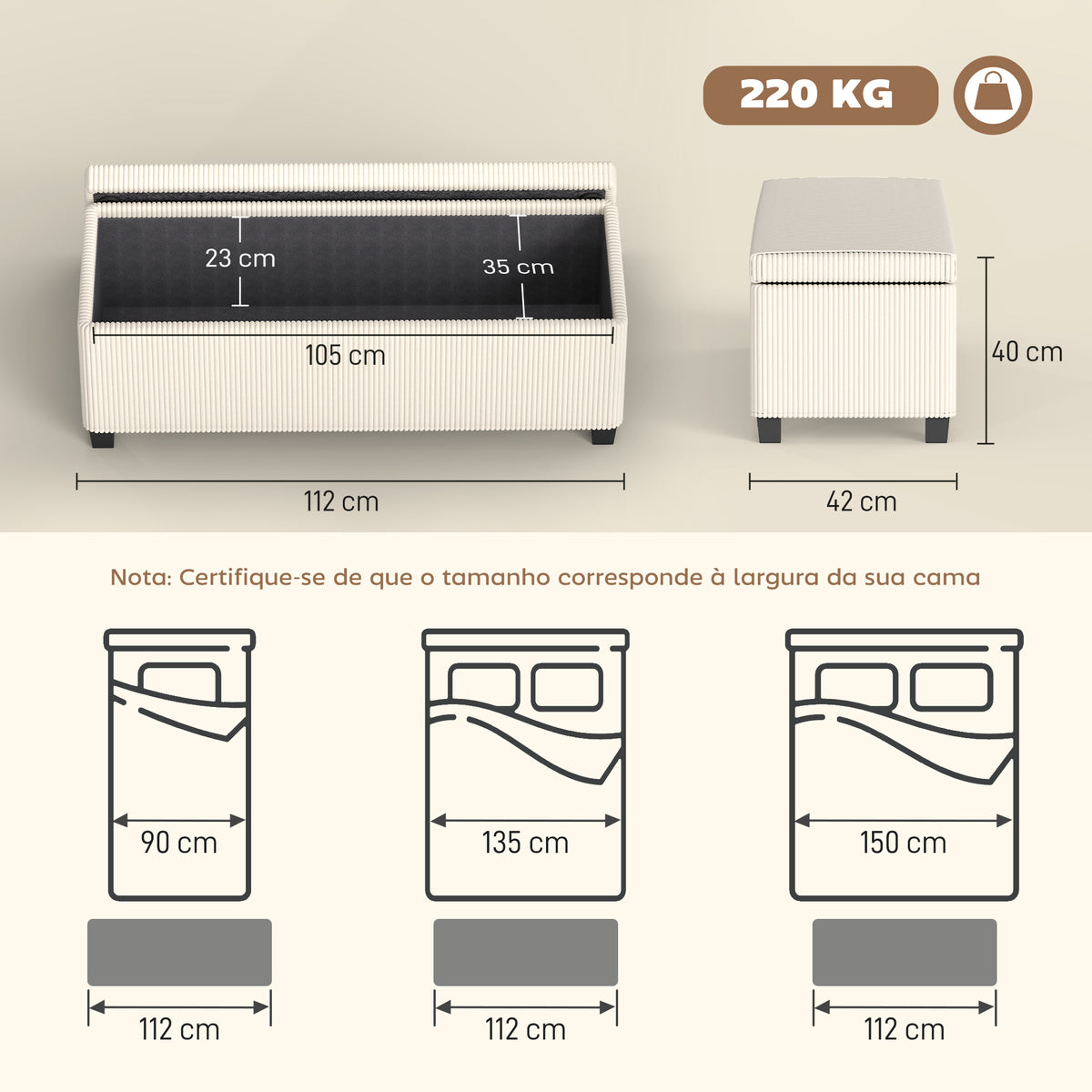 Banco de Arrumação Banco com Armazenamento Capacidade de 84 L 112x42x40 cm Estofado em Veludo Banco Pé de Cama para Dormitório Bege — foto 3