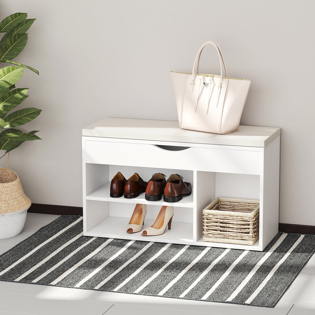 Banco Sapateira com Armazenamento Gaveta Prateleira e Assento Acolchoado para Entrada Estilo Moderno 80x30x47cm Branco — foto 2