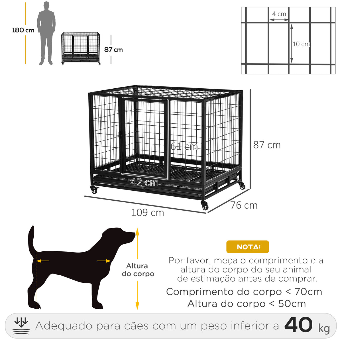 Gaiola de Metal para Cães com Rodas e Freios Bandeja Removível e Porta com Trava para Golden Retriver Labrador 109x76x87cm Preto — foto 3