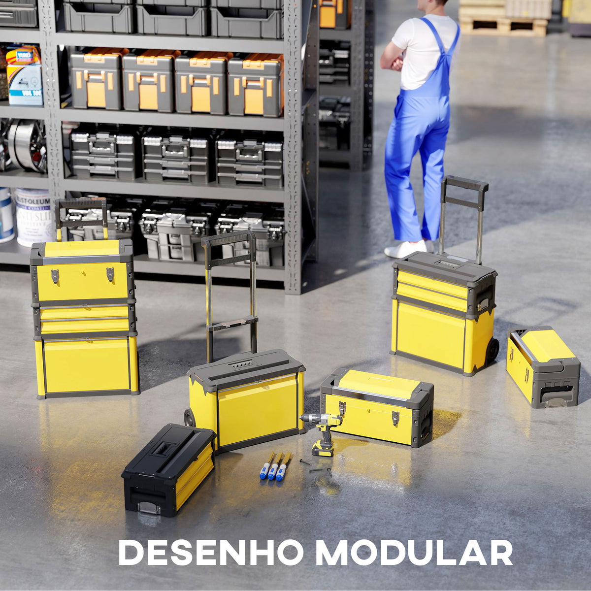 Caixa de Ferramentas Empilhável 3 em 1 Caixa de Ferramentas com Rodas Carro de Ferramentas de Aço com Bandeja e Cabo Telescópico 52x32x72 cm Amarelo e Preto — foto 4