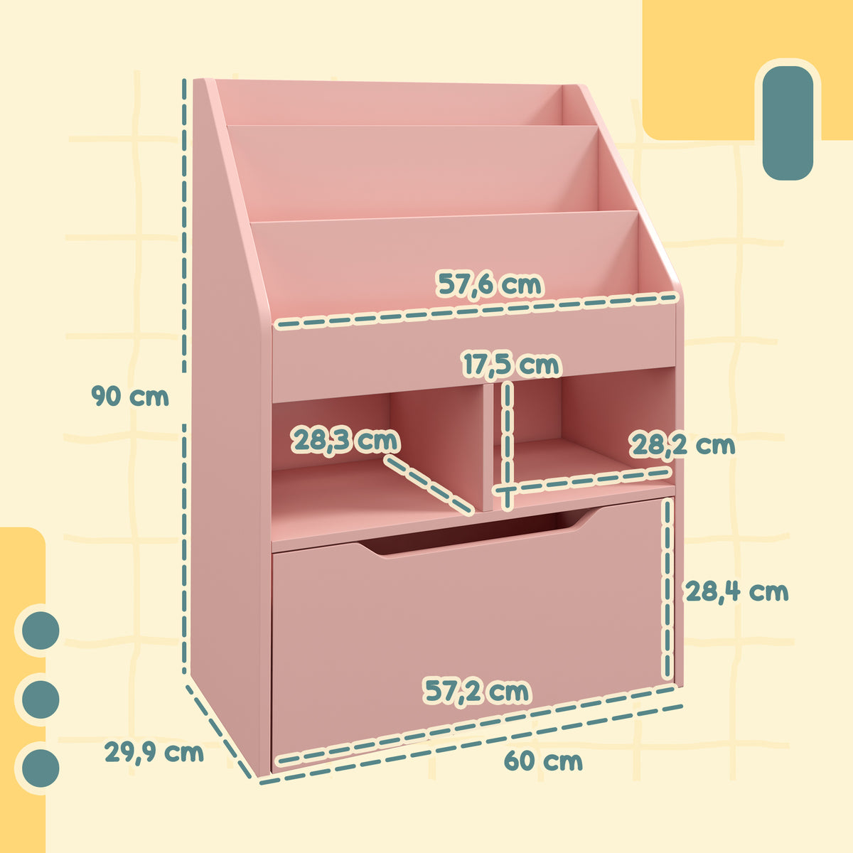Estante de Madeira para Brinquedos com 3 Compartimentos 2 Prateleiras e Gaveta Móvel com 4 Rodas Estante para Livros Infantil para Dormitório Infantil Sala de Jogos 60x29,9x90 cm Rosa — foto 3