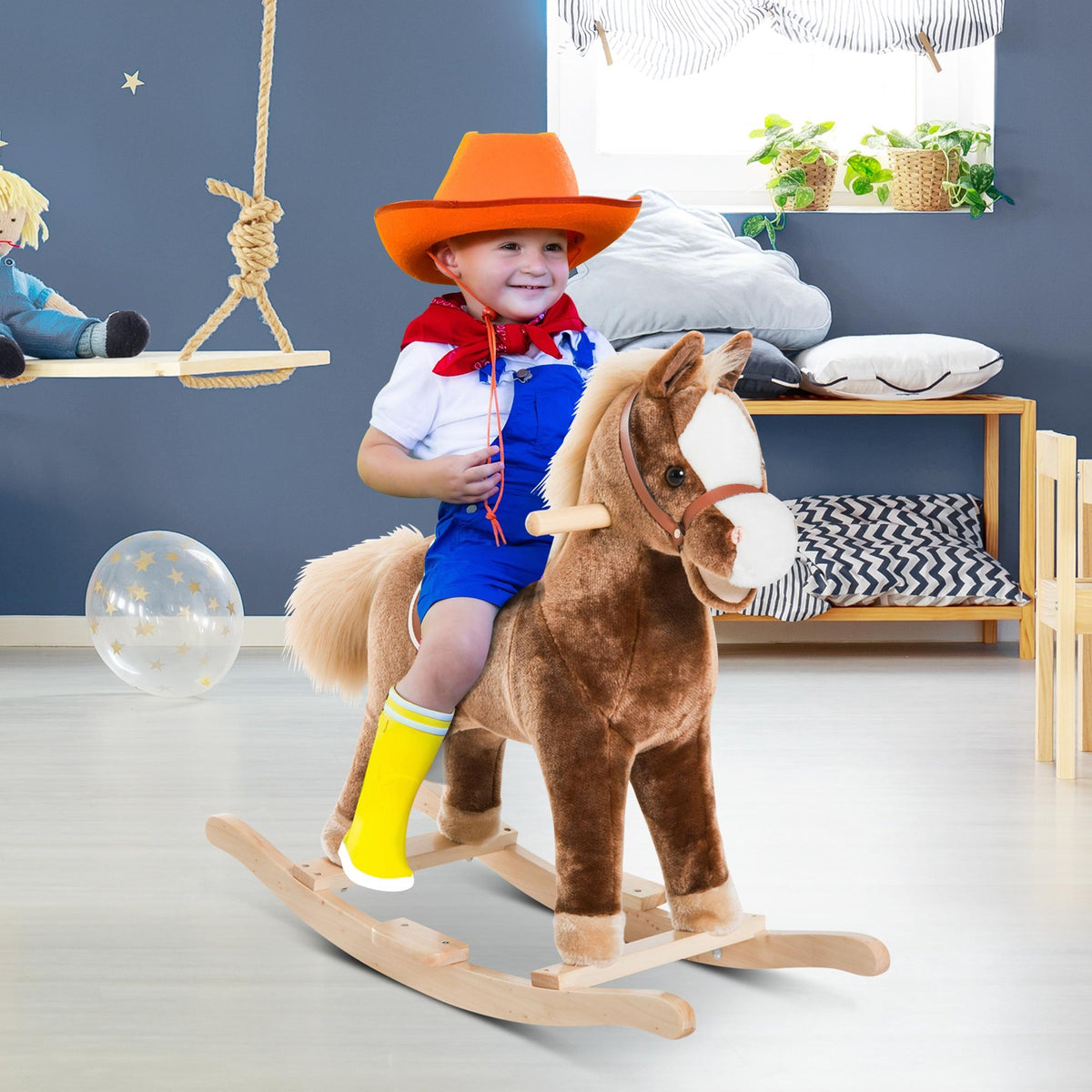 Cavalo de Baloiço para Criança +3 Anos Cavalo de Brinquedo com Alças Estrutura em Metal e Base em Madeira Carga 40 kg 74x33x62 cm Castanho — foto 2