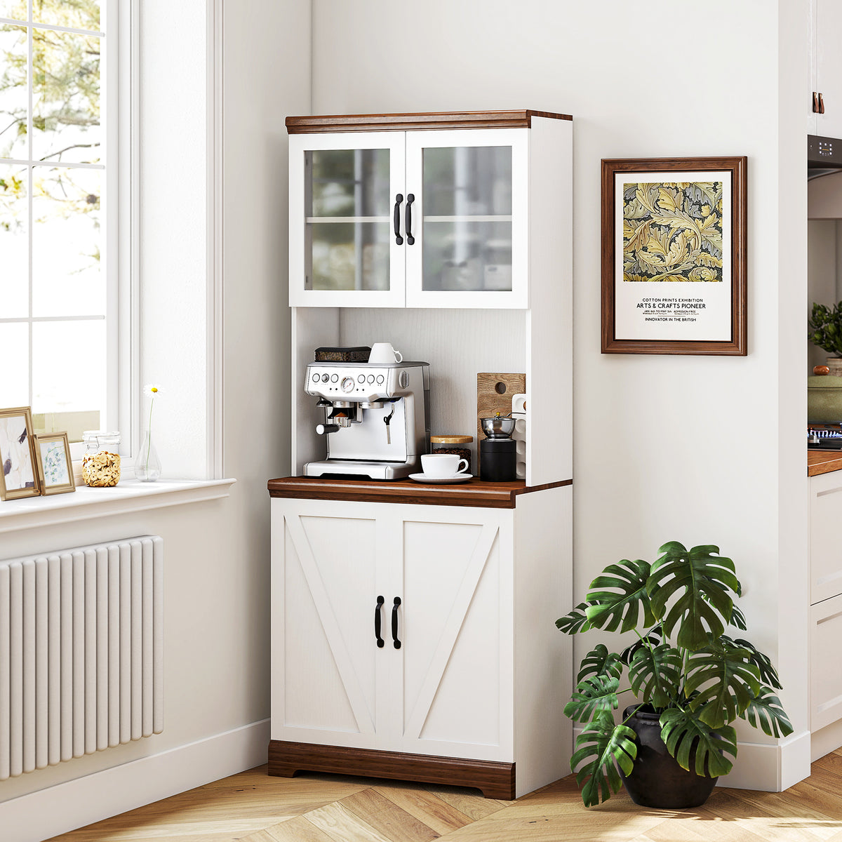 Armário de Cozinha Móvel Auxiliar de Cozinha com 2 Portas de Vidro Prateleiras Ajustáveis Bancada e Armário para Sala de Jantar Sistema Anti-Tombo 72x40x178 cm Branco e Madeira — foto 2