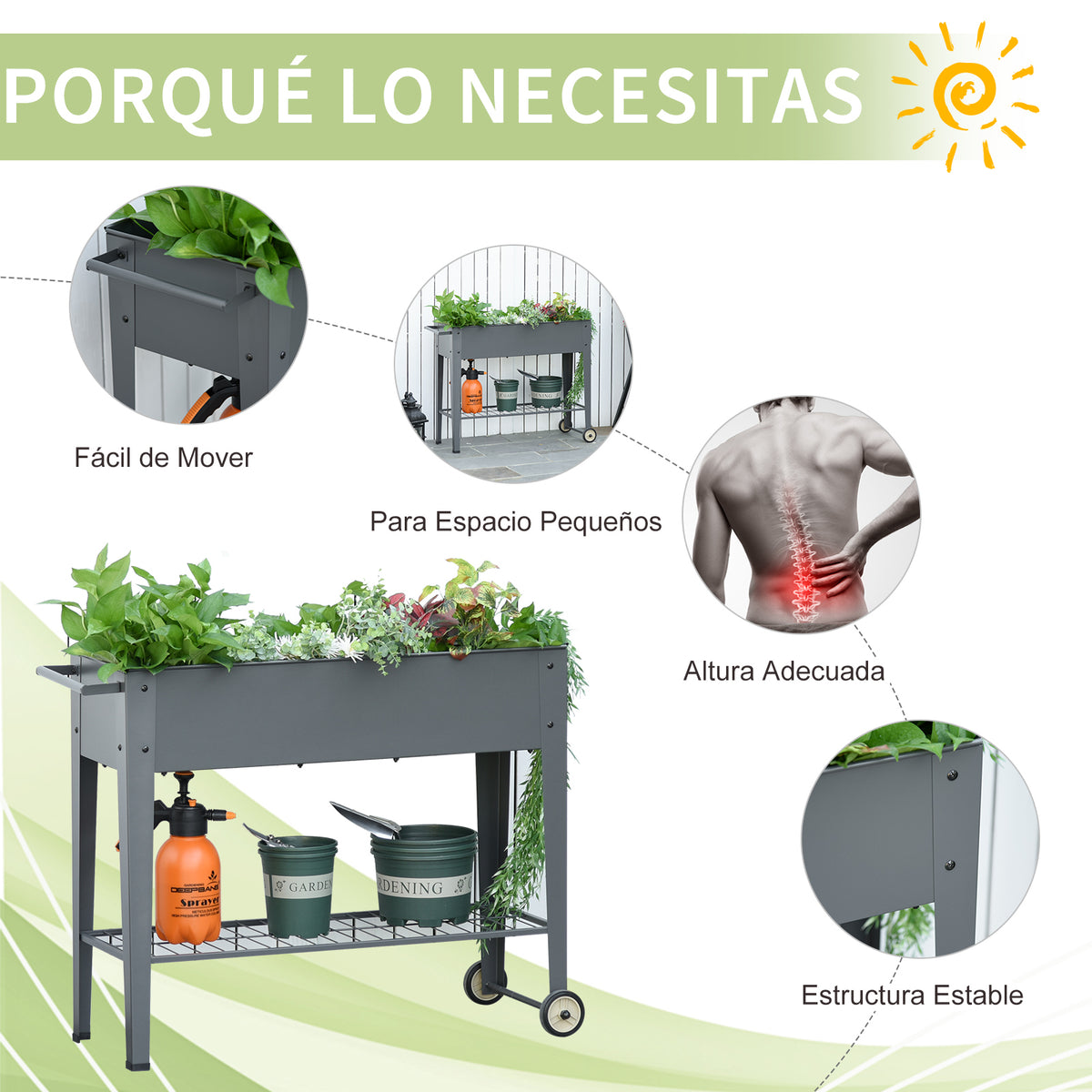 Floreira de Metal Elevada Floreira com Rodas Alça Lateral e Prateleira Inferior para Cultivo de Plantas Hortaliças Flores 104x39x80cm Cinza — foto 4