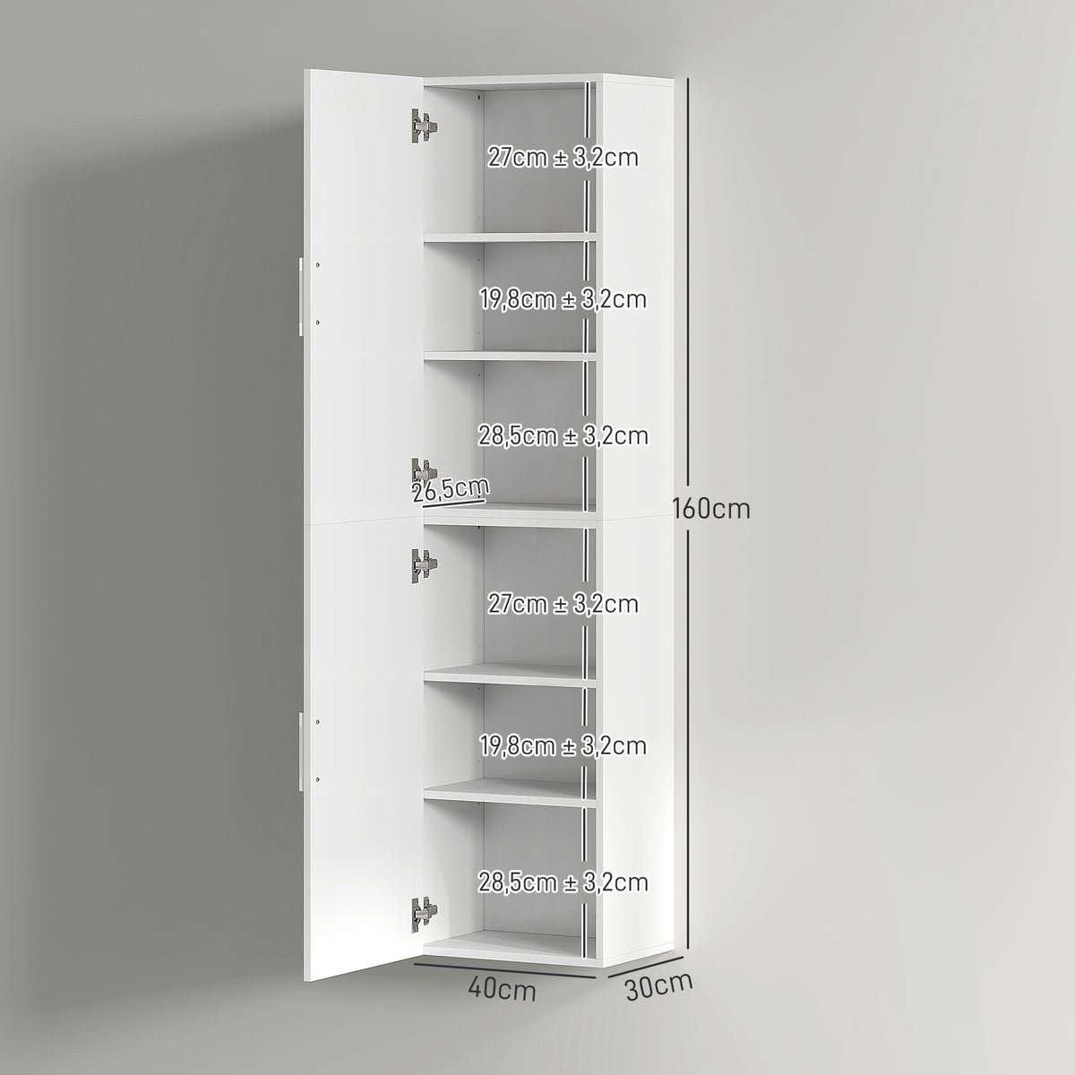 Coluna Casa de Banho de Parede Armário Alto Casa de Banho com Prateleiras Ajustáveis e 2 Portas Móvel Casa de Banho 40x30x160 cm Branco — foto 3