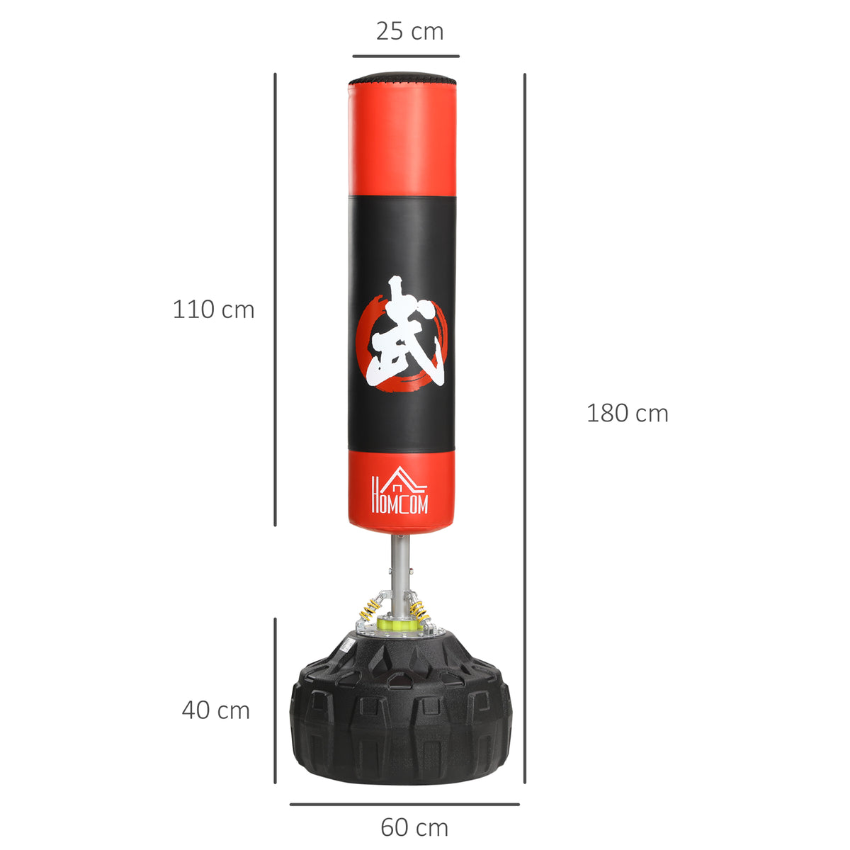 Saco de Boxe em Pé Saco de Boxe para Adultos com Grande Base Preenchível de Areia e Água e Molas Amortecedoras Ø60x180 cm Preto e Vermelho — foto 3