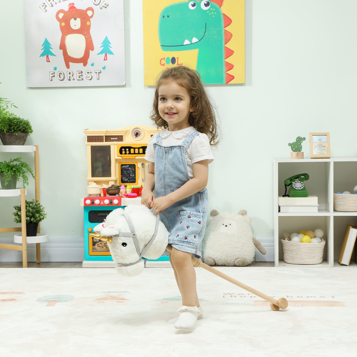 Cavalo com Pau de Madeira Design Unicórnio Sons e Rodas Cavalo de Brinquedo 95x25x27 cm Branco — foto 2
