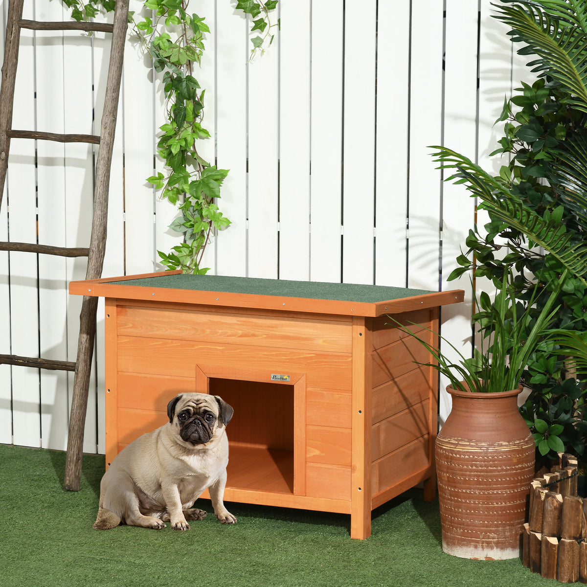 Casa para Cães de Madeira Casa para Animais de Estimação Elevada com Teto Asfáltico Abatível Impermeável e 4 Almofadas Antiderrapantes 85x58x58cm Madeira — foto 2