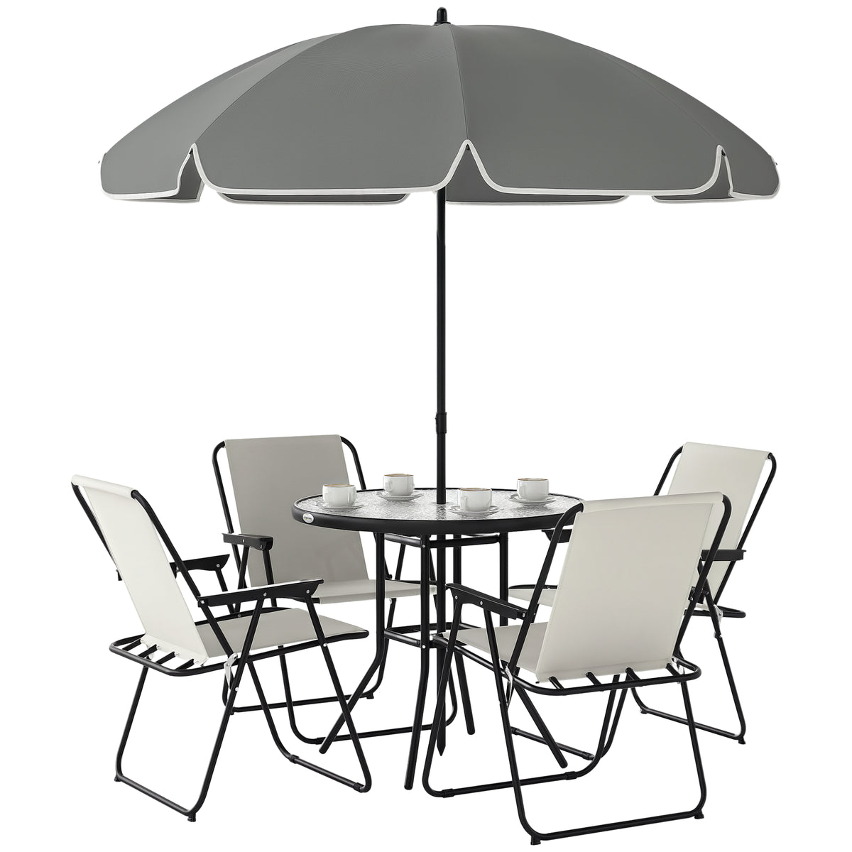 Conjunto de Mesa e Cadeiras de Jardim de 6 Peças Móveis de Jardim Exterior com 4 Cadeiras Dobráveis Mesa de Vidro e Chapéu de Sol para Terraço Pátio Creme — foto 1