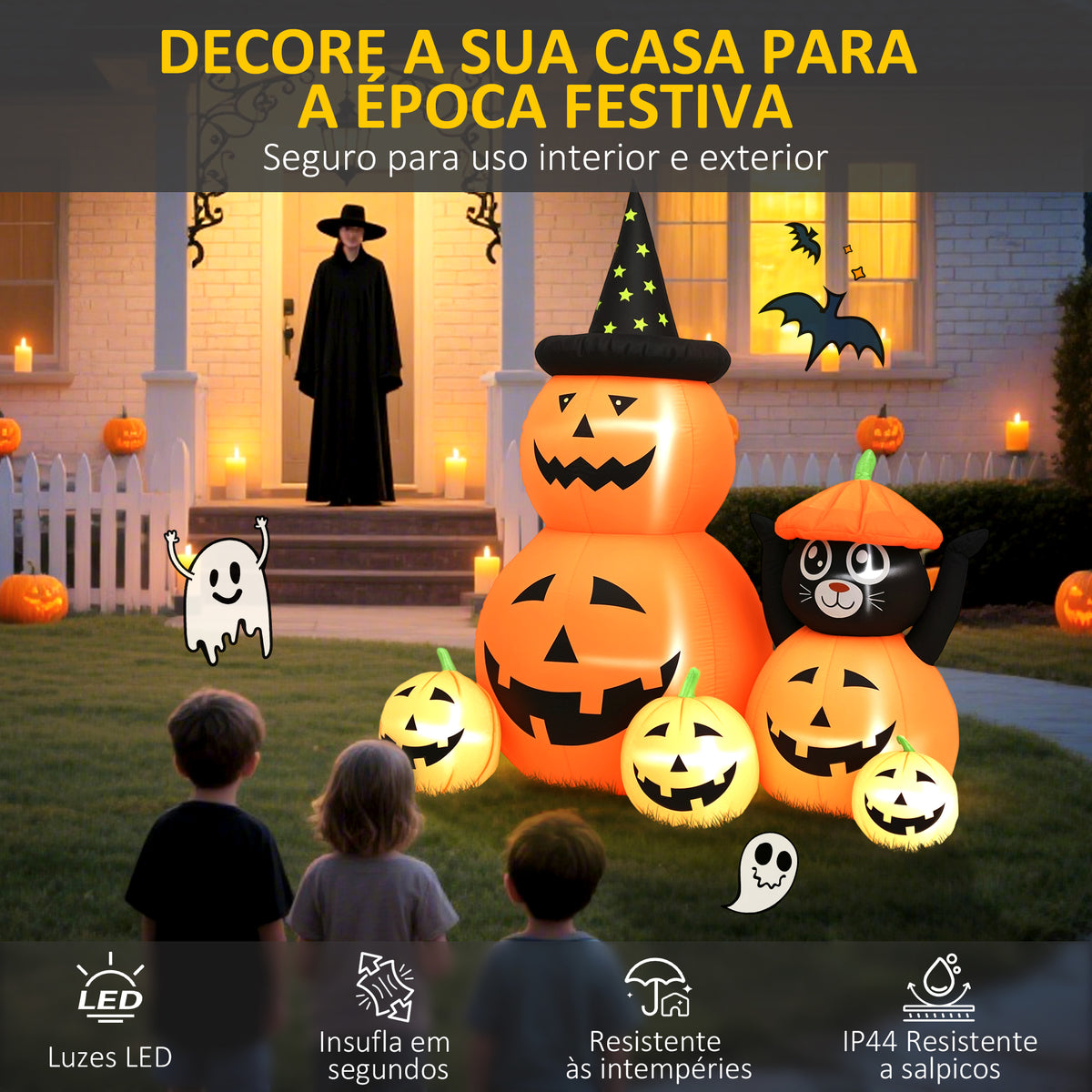 Abóbora Insuflável de Halloween com Gato de 180 cm Decoração de Halloween com Luzes LED IP44 e Inflador para Jardim Festas Exterior 160x100x180 cm Laranja — foto 4