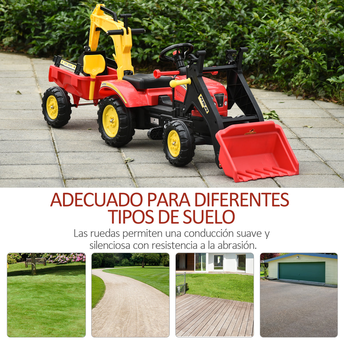Trator de pedais com reboque escavadeira com pá frontal de brinquedo de condução para crianças acima de 3 anos Direção e pás de fácil controle Suporta até 35 kg 179x42x59 cm Vermelho — foto 8