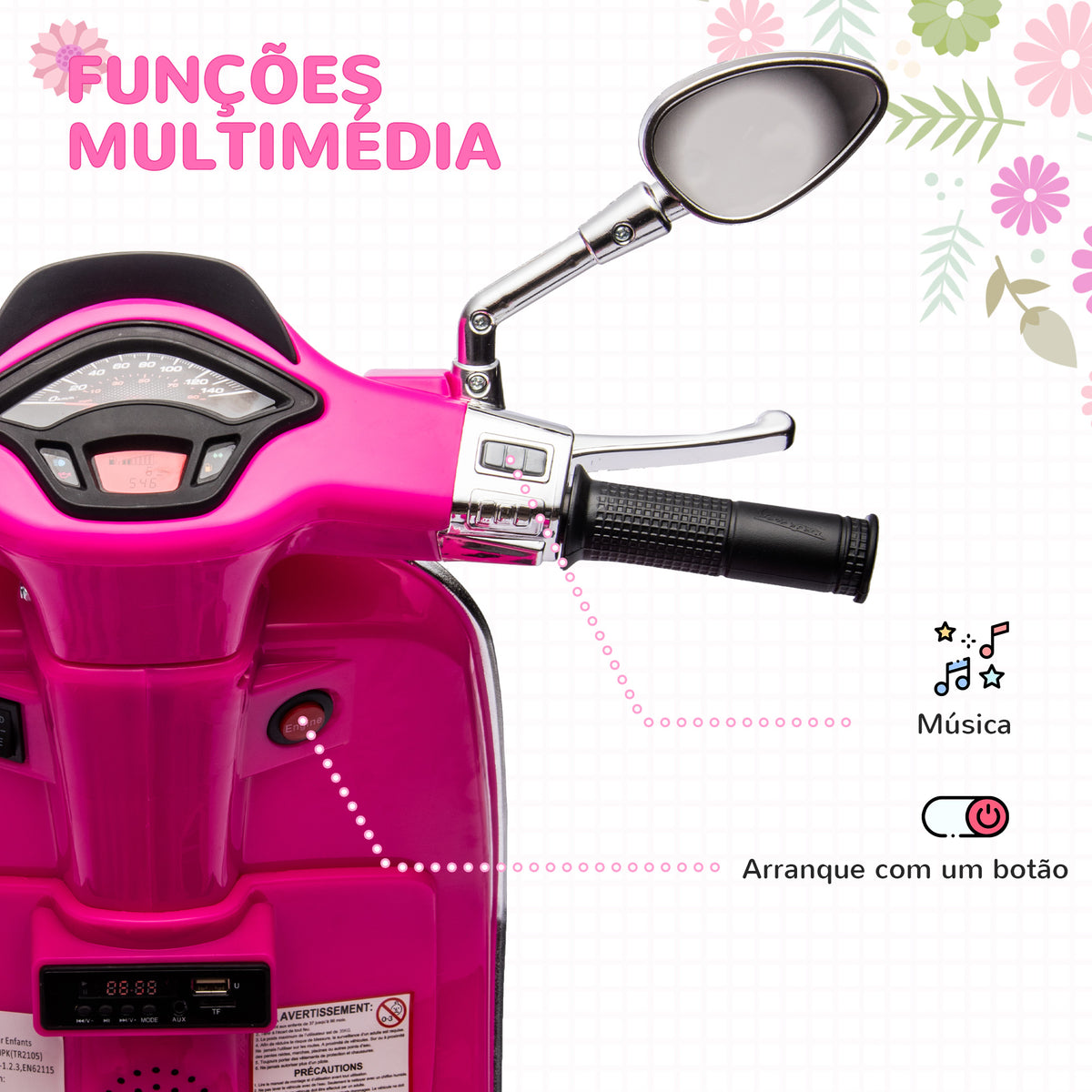 Moto Elétrica para Crianças de 3-6 Anos com Licença Vespa Motocicleta de Bateria 6V com USB MP3 Luz LED Rádio FM Moto para Crianças com Velocidade 3 km/h Carga 35 kg 107x47x73 cm Rosa — foto 5