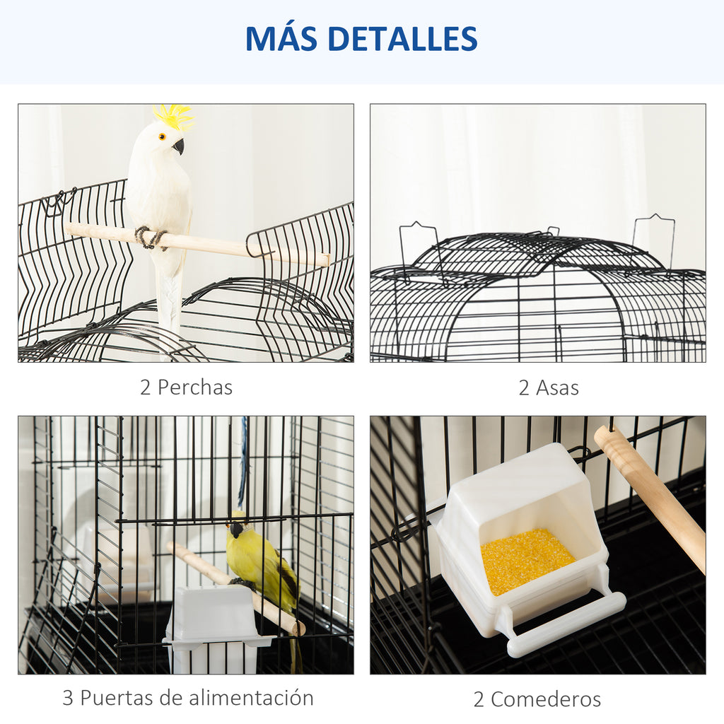Gaiola para Passáros com Suporte Gaiola com 4 Rodas Teto com Abertura 2 Comedouros 3 Poleiros Bandeja Removível e Prateleira Inferior 46x36x130cm Preto — foto 7