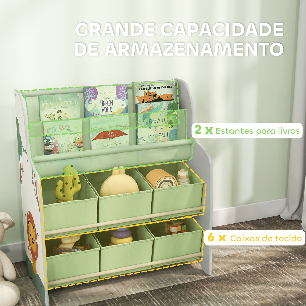 Estante Infantil para Brinquedos com 6 Caixas de Tecido Não Tecido Organizador de Brinquedos com 2 Prateleiras para Quarto Infantil Sala de Brincar Escola Infantil 63x30x71 cm Verde — foto 4