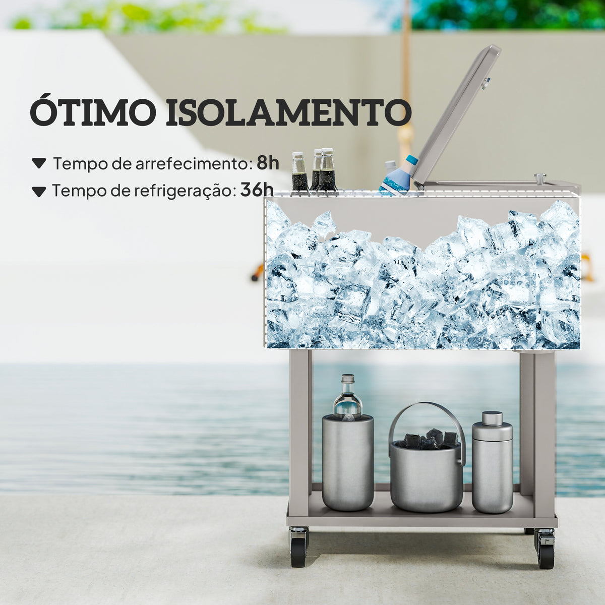 Carrinho Refrigerador de Bebidas de 56L Carrinho Refrigerador com Rodas Abridor de Garrafas e Prateleira para Pátio Festas Terraço Praia 67x35x80 cm Cinzento Claro — foto 4
