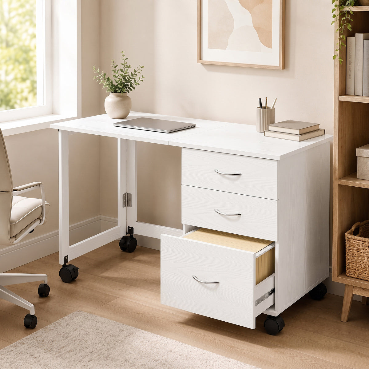 Secretária Dobrável com Rodas e Travões 3 Gavetas e Tampo Rebatível Design Moderno 107x50x72 cm Branco com Veio — imagem 3