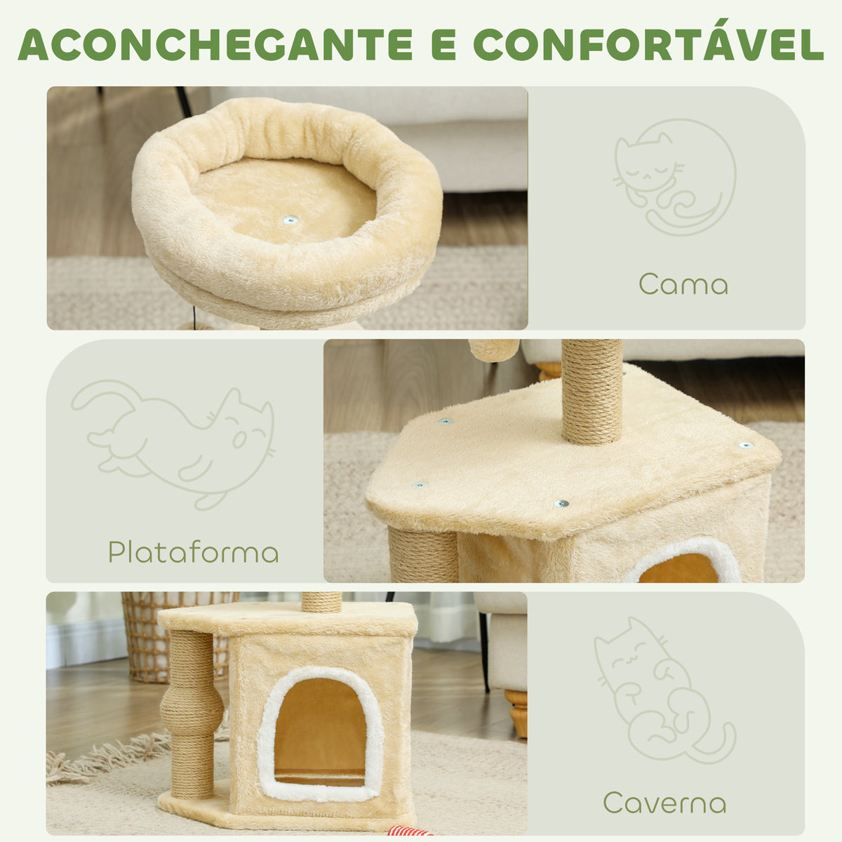 Arranhador para Gatos Altura 66 cm Arranhador para Gatos com Cama Caverna Plataforma Bola Suspensa e Poste de Juta 42x30x66 cm Marrom — foto 5