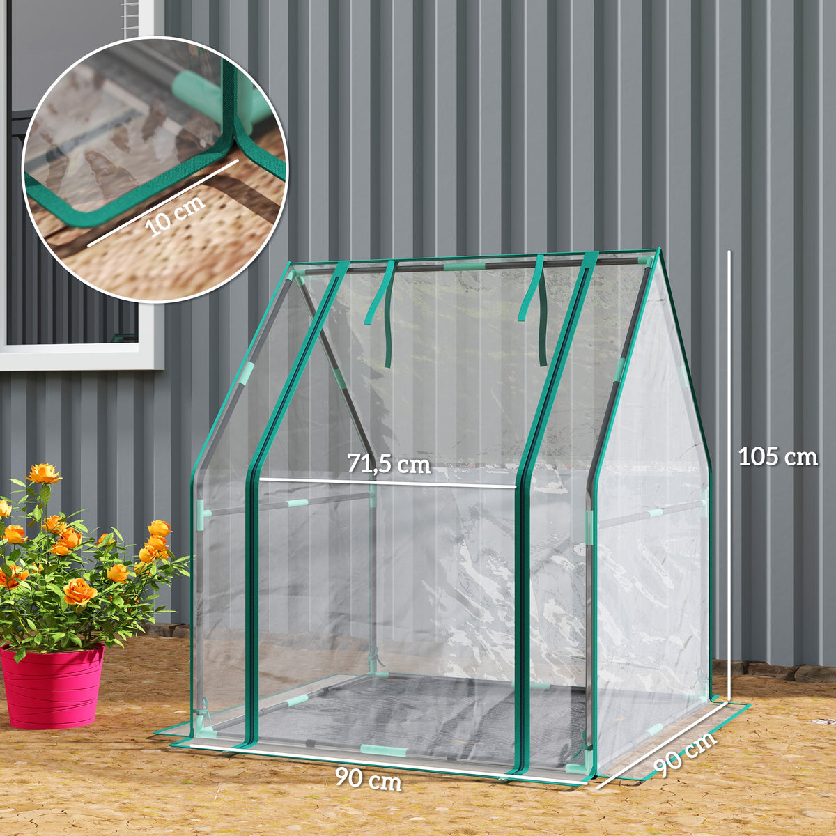 Estufa Pequena Estufa de Exterior Porta com Fecho de Correr Base de Tecido PE Impermeável e Estrutura de Aço Estufa para Cultivar Plantas Flores 90x90x105 cm Transparente — foto 3