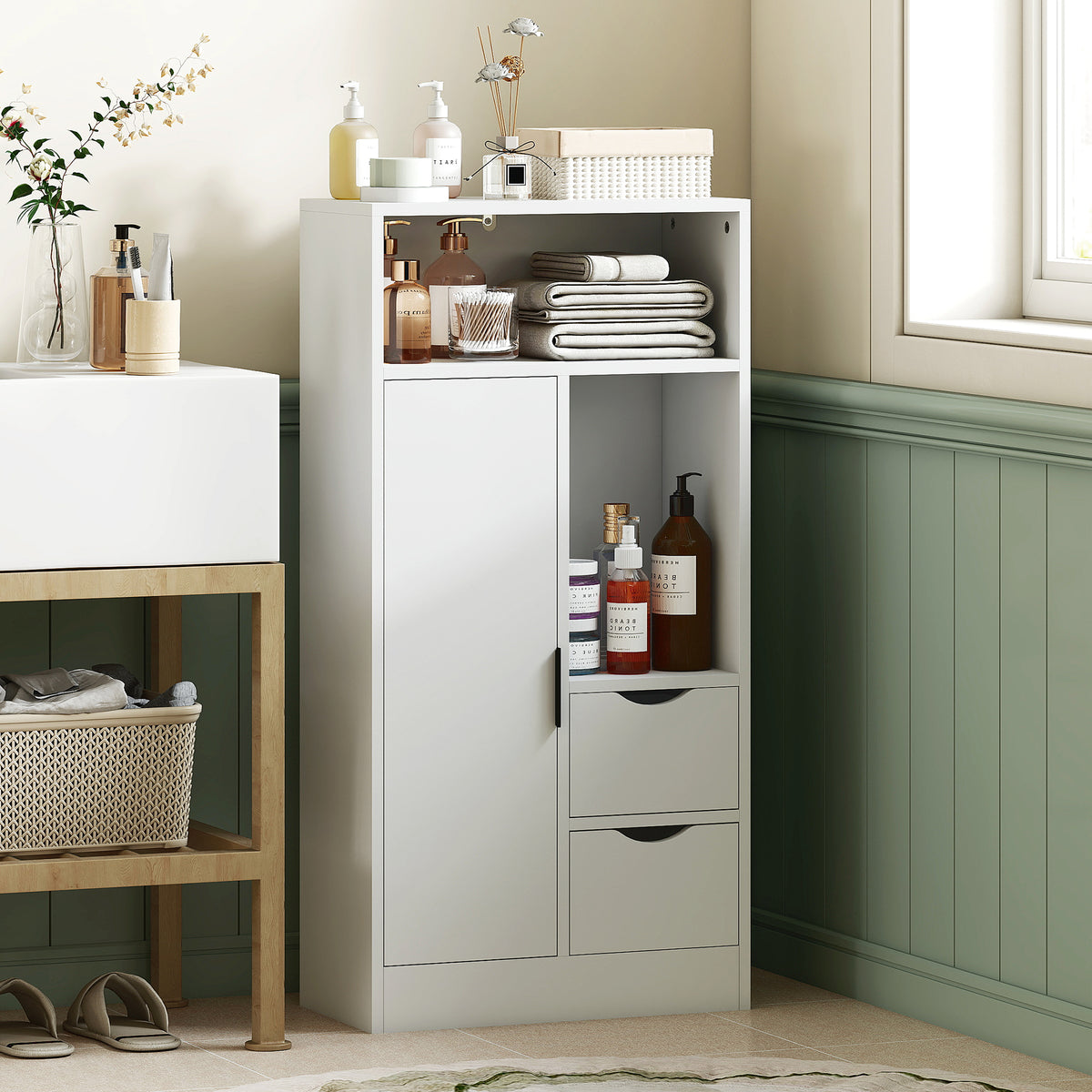 Móvel de Casa de Banho Estreito Armário de Casa de Banho com 2 Gavetas Compartimento Aberto e Prateleiras Ajustáveis para Espaço Pequeno Cozinha Sala 50x25x100 cm Branco — foto 2