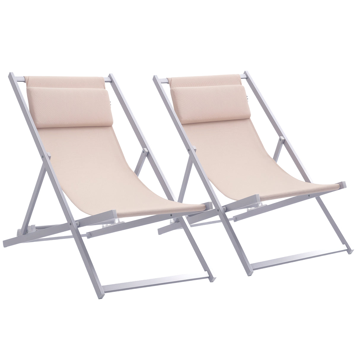 Conjunto de 2 Espreguiçadeiras Dobráveis com Encosto Reclinável em 5 Posições e Apoio para a Cabeça Acolchoado 96,5x58x91,5cm Bege — foto 1