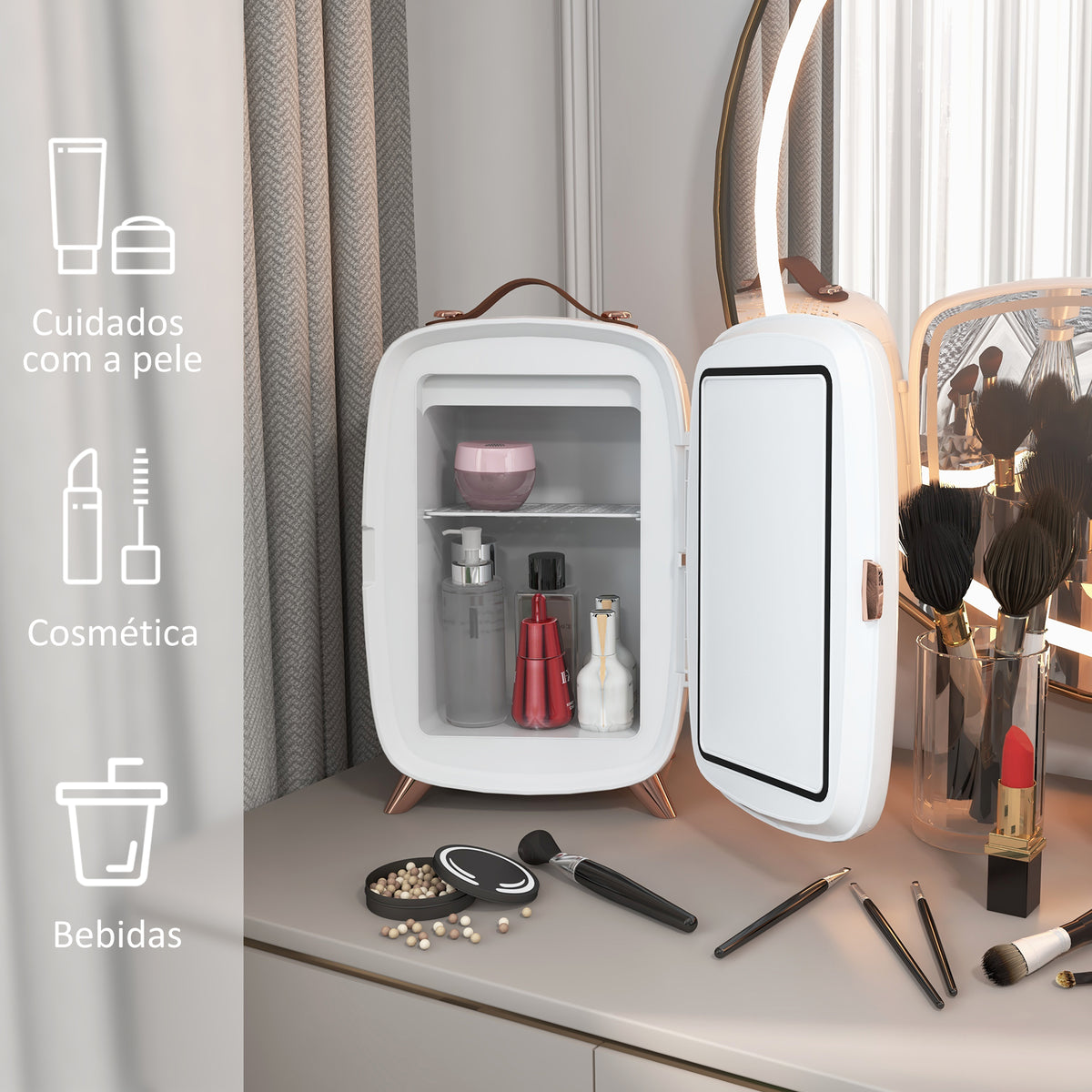 Mini Frigorífico de Cosméticos 6L Frigorífico de 9V com Porta com Espelho e Luz LED Ajustável em 3 Níveis para Beleza Maquilhagem Bebidas 24,3x19,4x35,6 cm Branco — foto 4