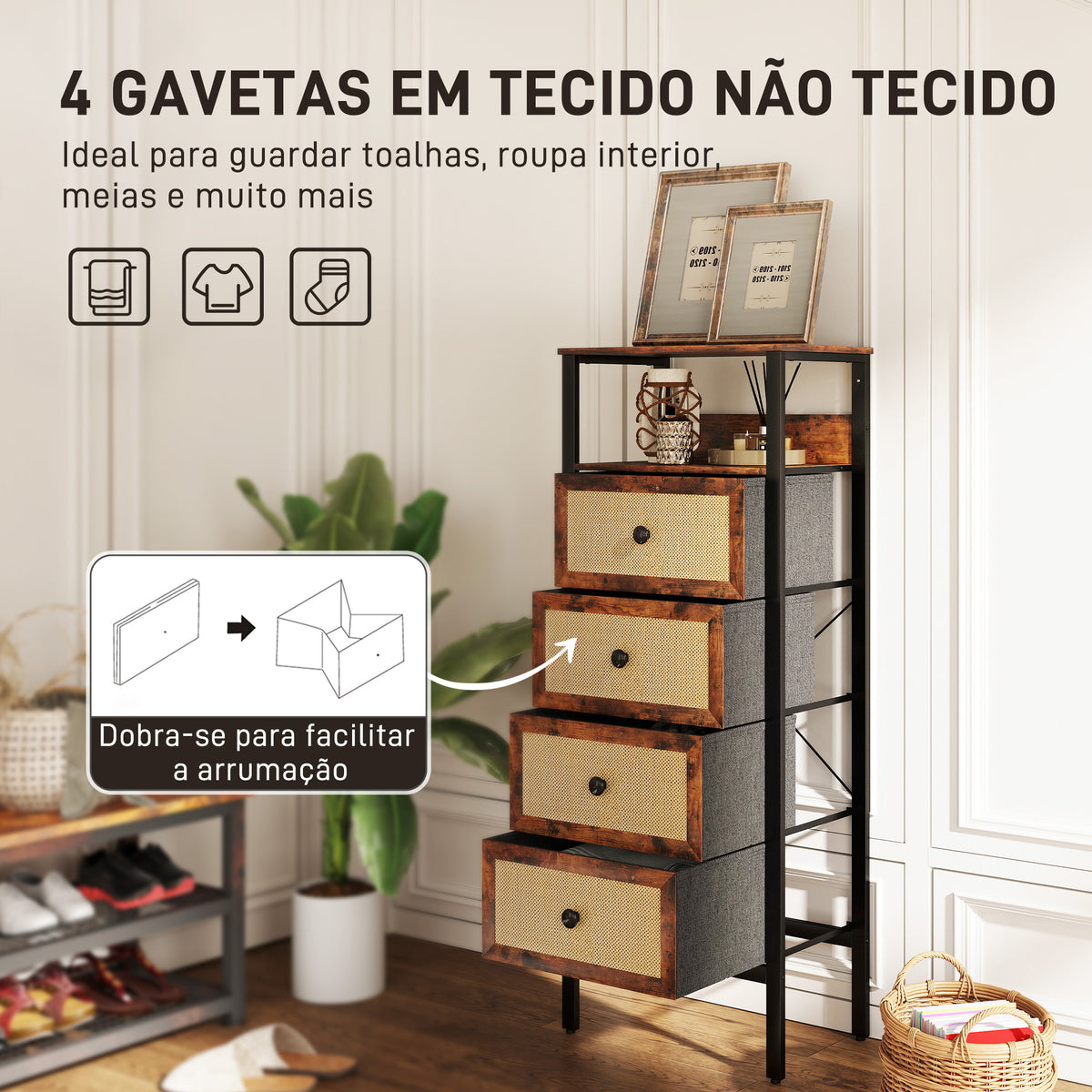 Cómoda de Tecido Cómoda para Dormitório com 4 Gavetas com Frente em Vime Prateleira e Estrutura em Aço para Sala de Estar 50x30x126 cm Marrom Rústico — foto 4