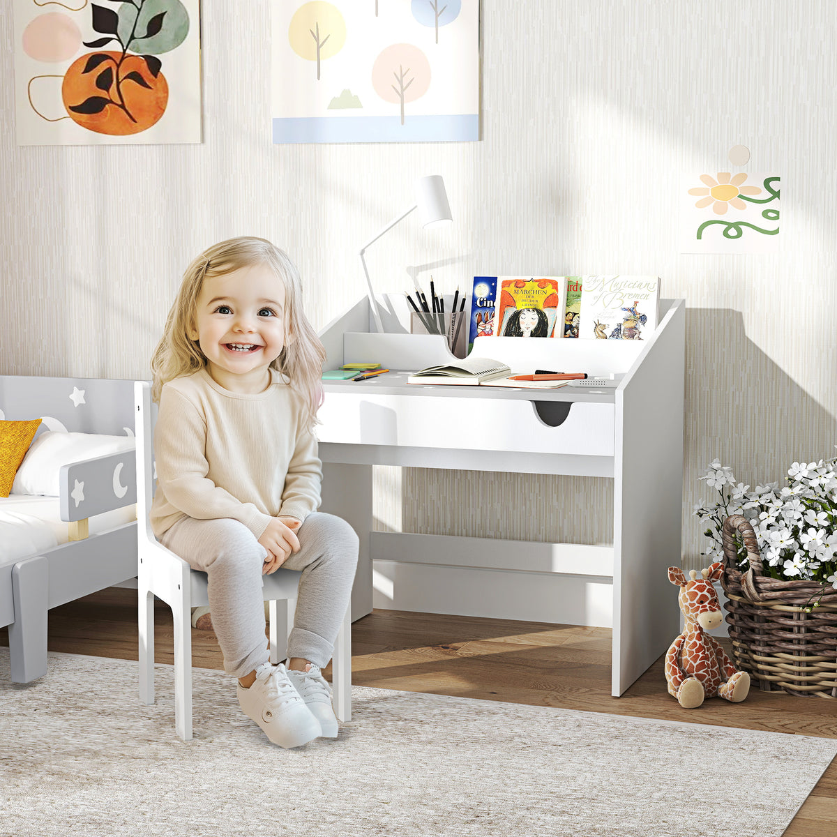 Conjunto de Secretária e Cadeira para Crianças acima de 3 Anos Secretária Infantil com Gaveta Amovível e Compartimento para Dormitório Sala de Jogos Cinza e Branco — foto 2