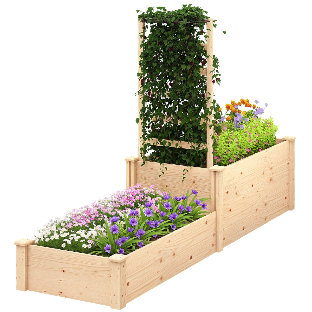 Floreira Exterior Grande de Madeira Floreira Elevada com Treliça para Plantas Trepadoras e 2 Caixas de Cultivo para Jardim Pátio Terraço 222x63x132 cm Madeira — foto 1