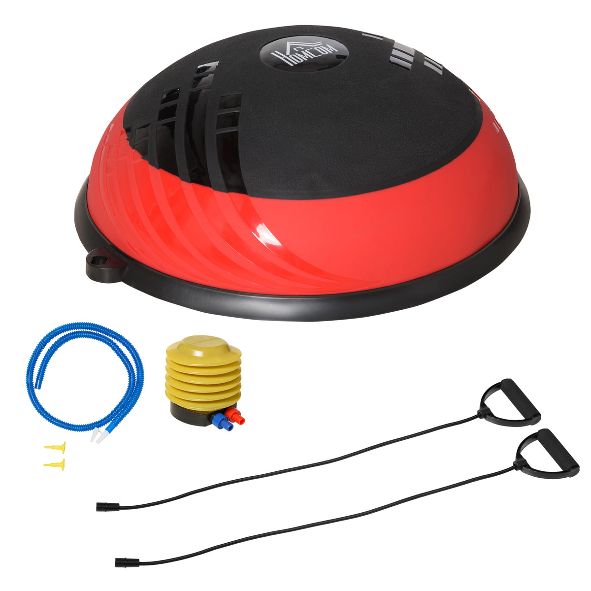 Bola de Equilíbrio Meia Bola de Ioga com 2 Cordas de Resistência 6 Almofadas Antiderrapantes e Inflador Carga Máxima 100kg para Exercício em Casa Academia 58x58x20cm Preto e Vermelho — foto 1