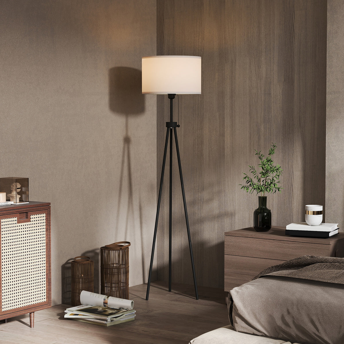 Candeeiro de Pé Moderno Candeeiro de Pé para Sala de Estar com Ecrã Redondo Tripé e Suporte para Lâmpada E27 Ø37x152 cm Branco e Preto — foto 2