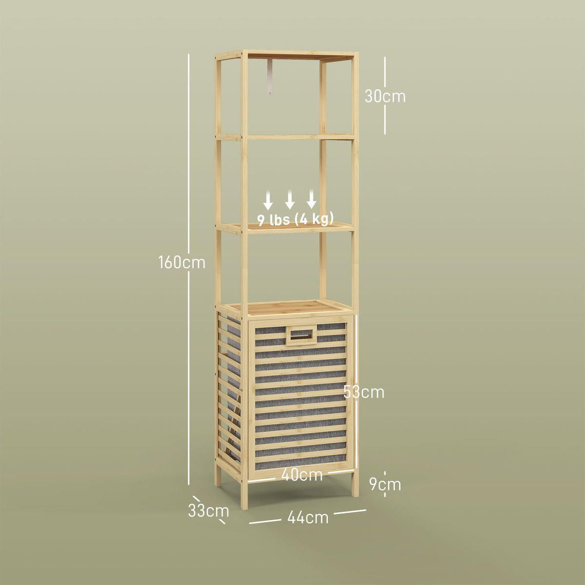 Estante de Casa de Banho em Bambu Estante de Armazenamento de Casa de Banho com 3 Prateleiras e 1 Cesto para Roupa Suja Removível 44x33x160 cm Natural — foto 3