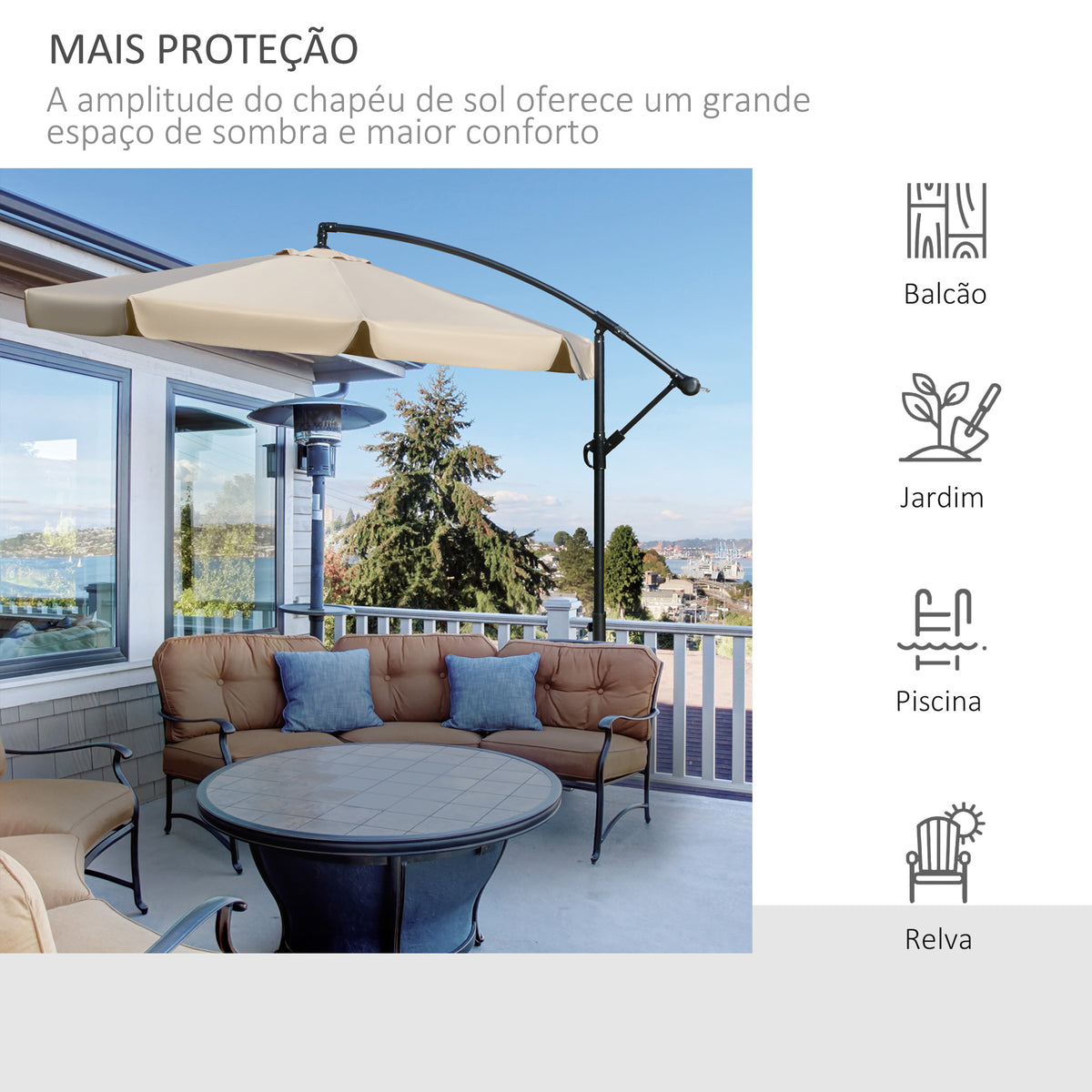 Chapéu de Sol de Jardim Ø265 cm Chapéu de Sol Excêntrico com Teto Inclinável Manivela 8 Hastes de Metal e Base Cruzada Proteção Solar para Terraço Varanda Exterior Bege — foto 7