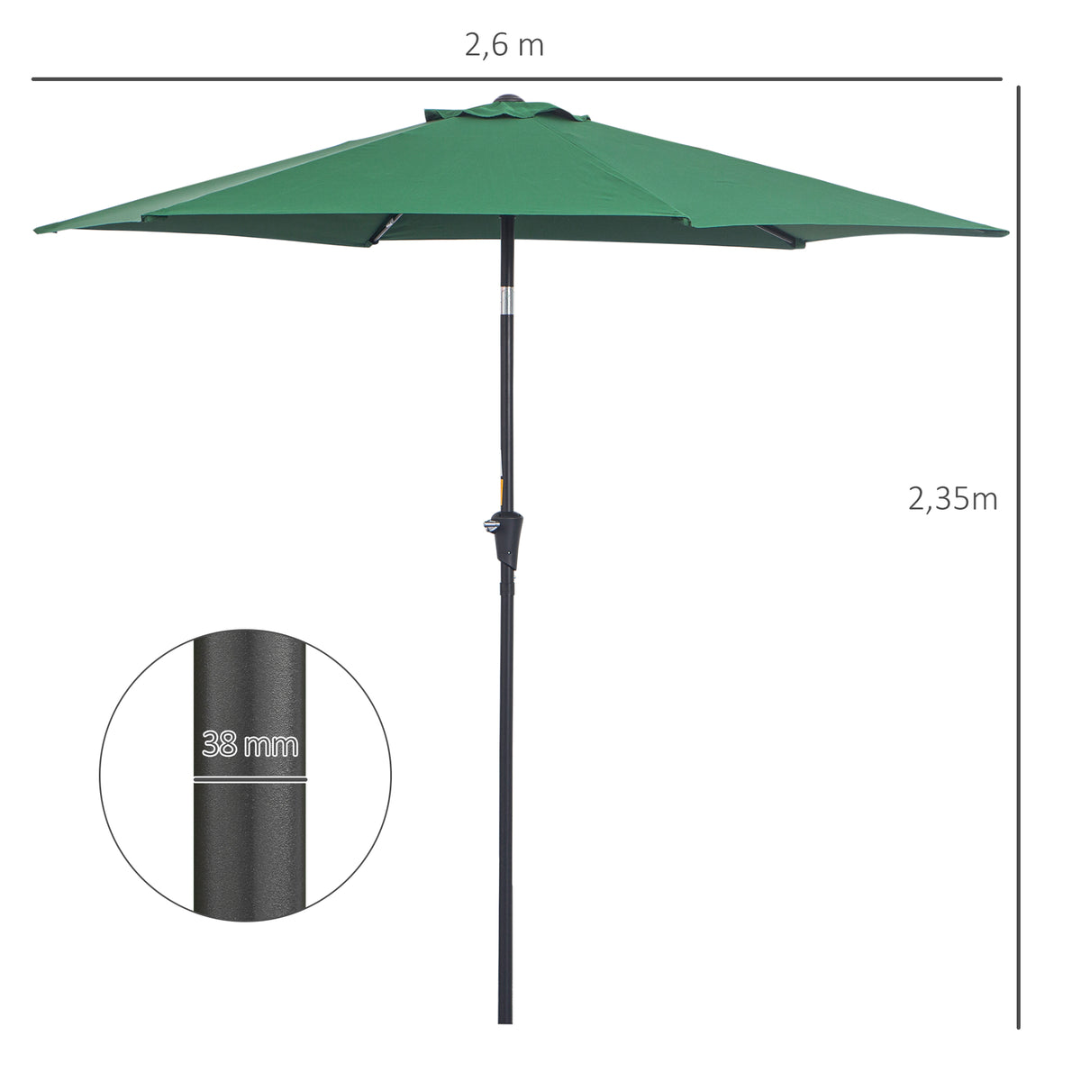Guarda-sol de Jardim, Ø260x235 cm, Guarda-sol Reclinável com Manivela, Poste Removível de Alumínio e 6 Varetas de Metal, para Terraço, Exterior, Varanda, Verde — foto 3