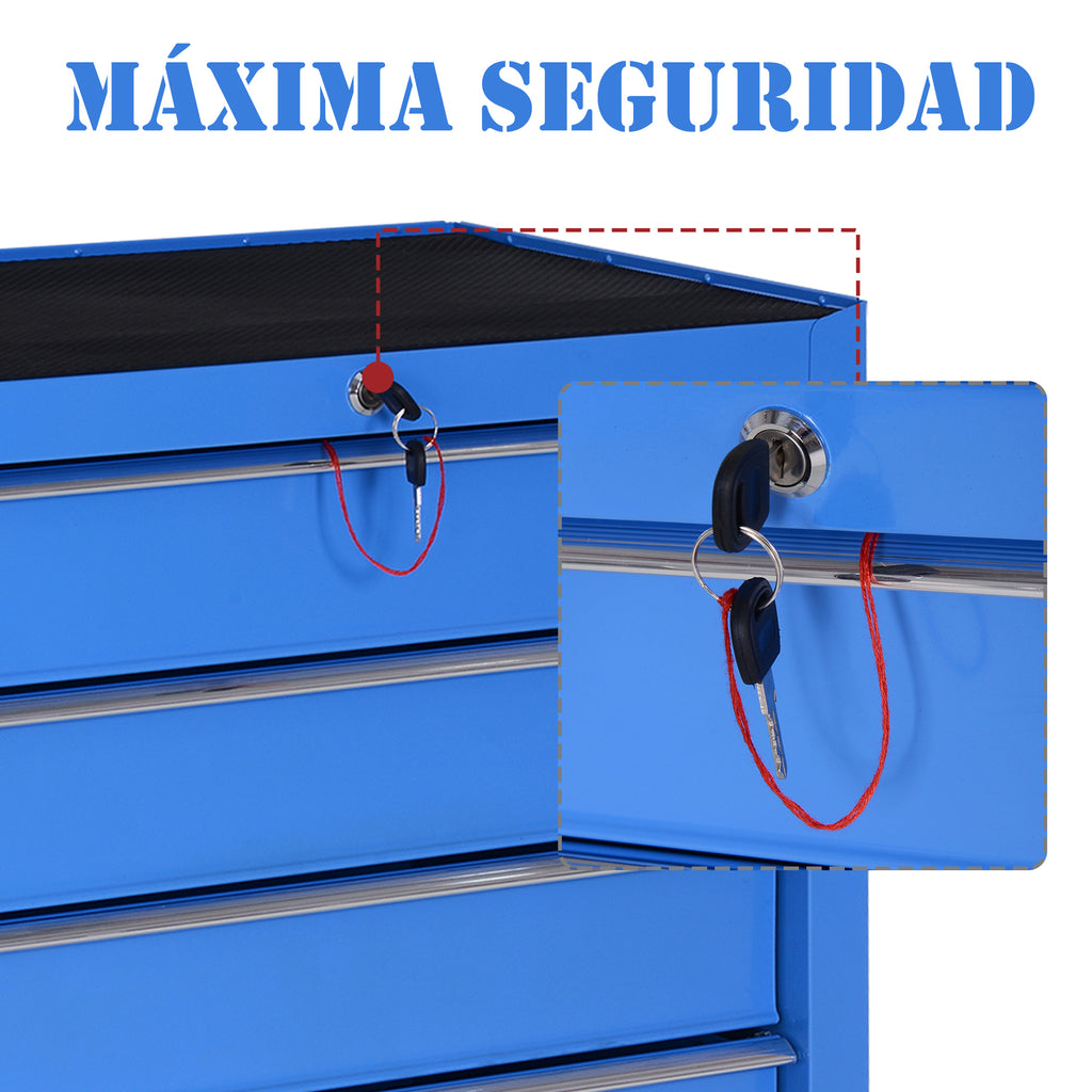 Carrinho de Ferramentas para Oficina com Rodas e 5 Gavetas Fechadura e Alça Lateral 67,5x33x77 cm Azul — foto 4