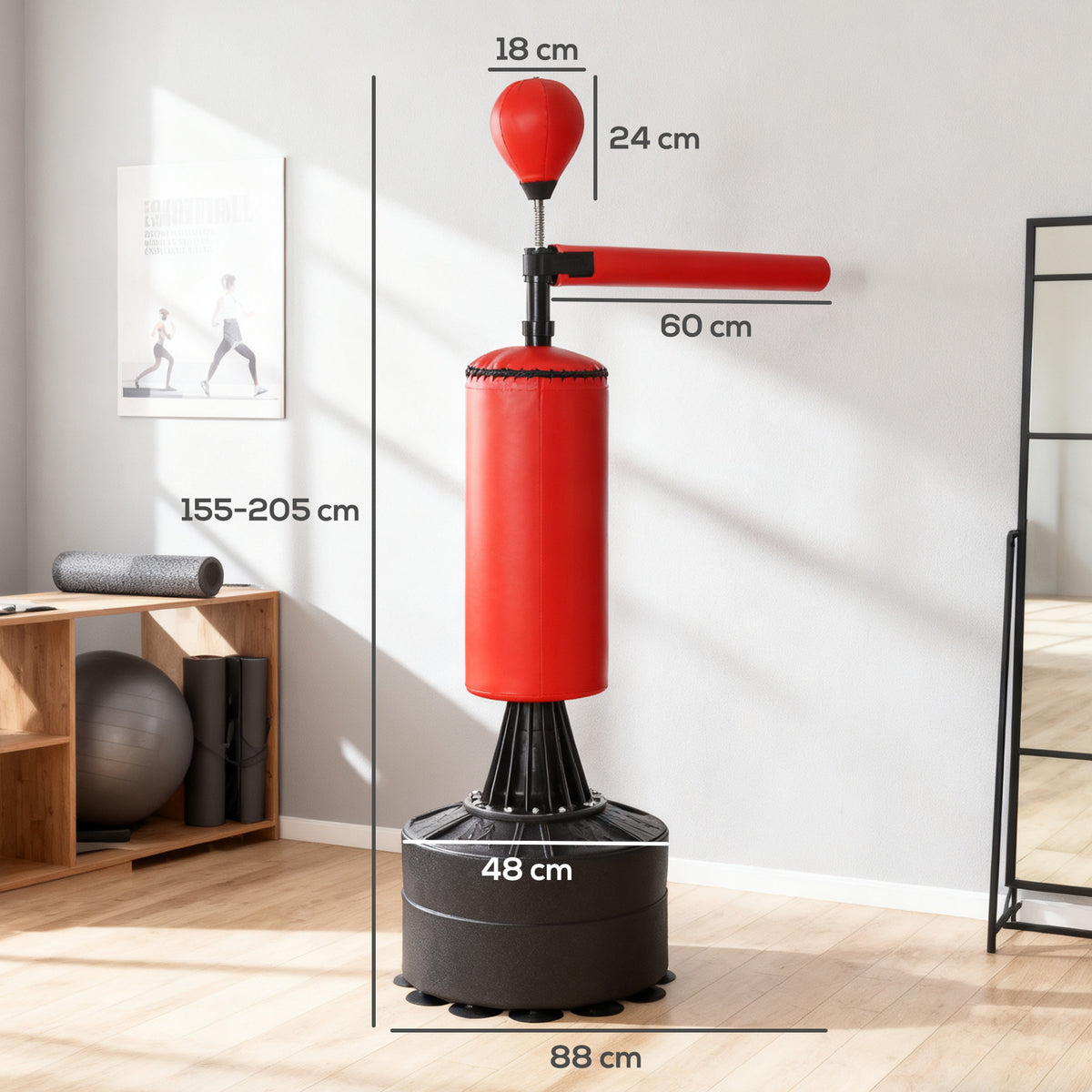 Punching Ball de Boxe com Altura Ajustável com Barra Giratória 360° e Base Preenchida Punching Ball para Boxe 88x48x155-205 cm Preto e Vermelho — foto 3