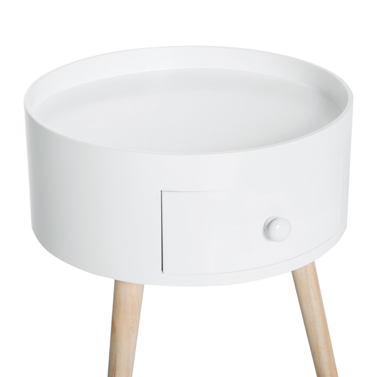 Mesa de Cabeceira com 1 Gaveta Mesa Auxiliar Redonda com Borda Elevada e 3 Pés de Madeira para Dormitório Sala de Estar Estilo Moderno Ø38x45 cm Branco — foto 7