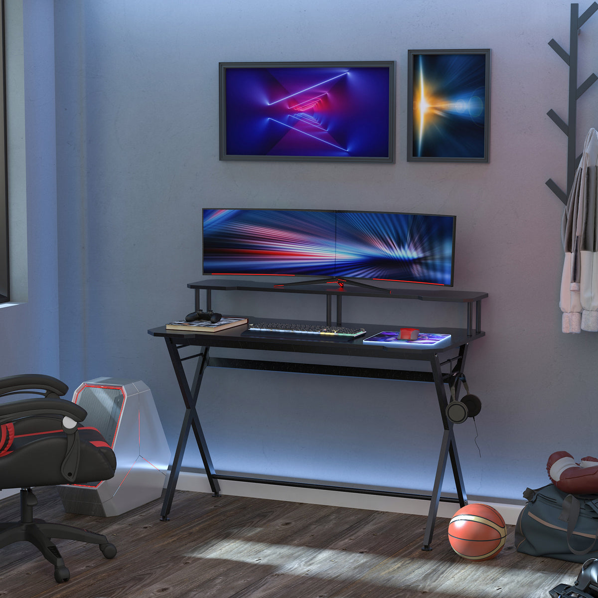 Mesa gaming para jogos secretária com suporte para monitor e fones de ouvido 140x60x90 cm Preto — foto 2