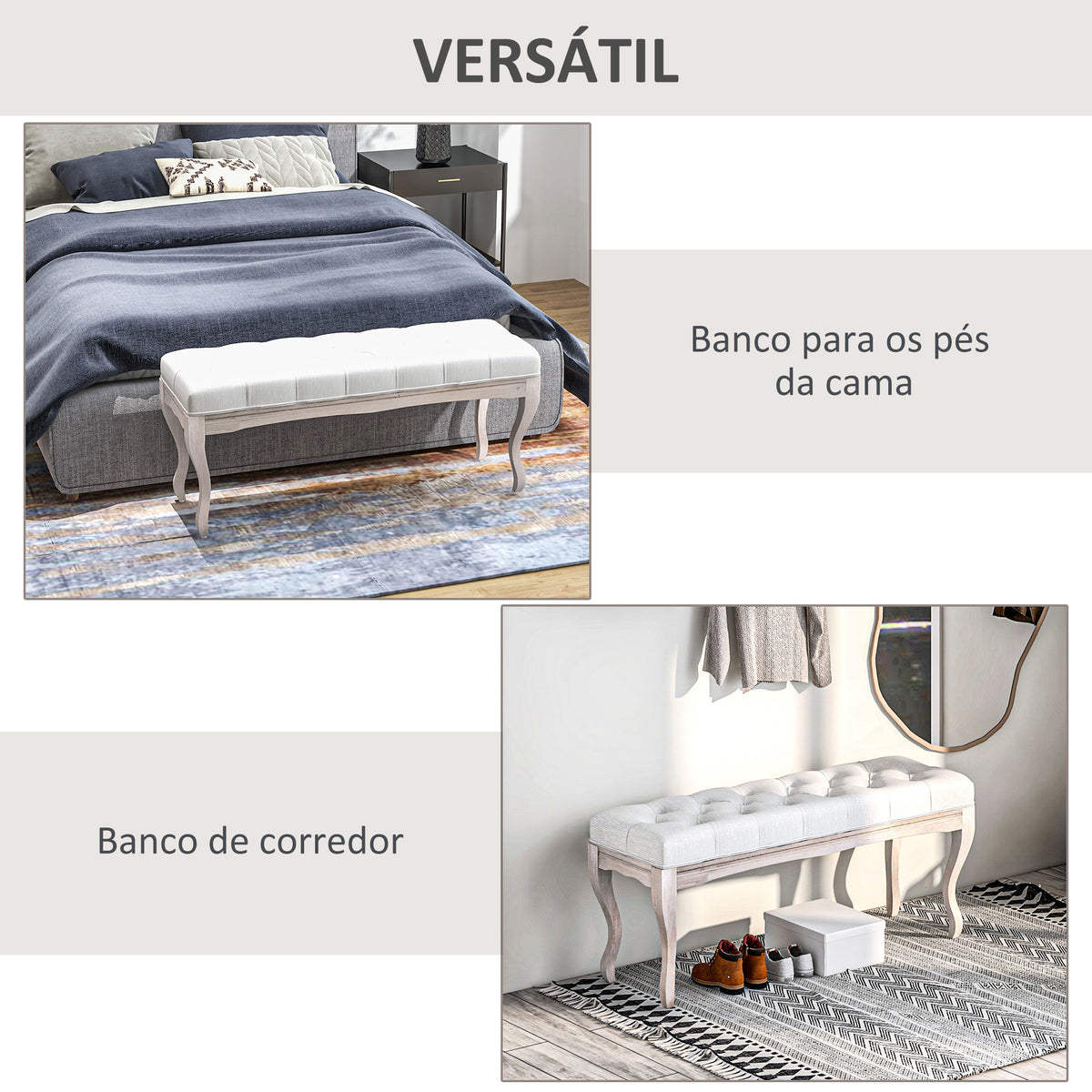 Banco Pé de Cama com Pés de Madeira e Assento Acolchoado Capacidade 120 kg Banco de Estilo Vintage para Dormitório Entrada Corredor 110x37x49 cm Creme — foto 6