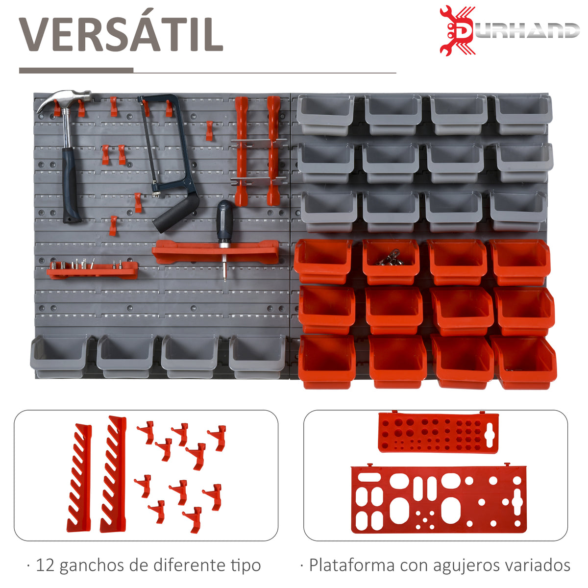 Prateleira de Parede Organizador de Ferramentas Prateleiras de Armazenamento com 28 Caixas Empilháveis ​​e Diferentes Ganchos 95x22x54 cm Cinza e Vermelho — foto 4