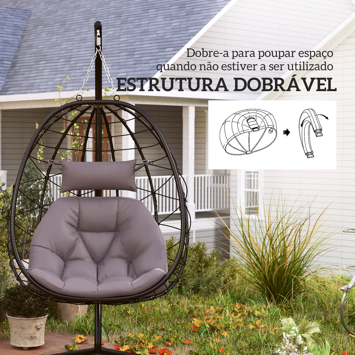 Cadeira Suspensa com Suporte Baloiço Jardim com Cesto Dobrável Almofada e Apoio de Cabeça Baloiço Suspenso para Interior e Exterior Carga 120 kg 98x95x198 cm Cinzento — foto 5