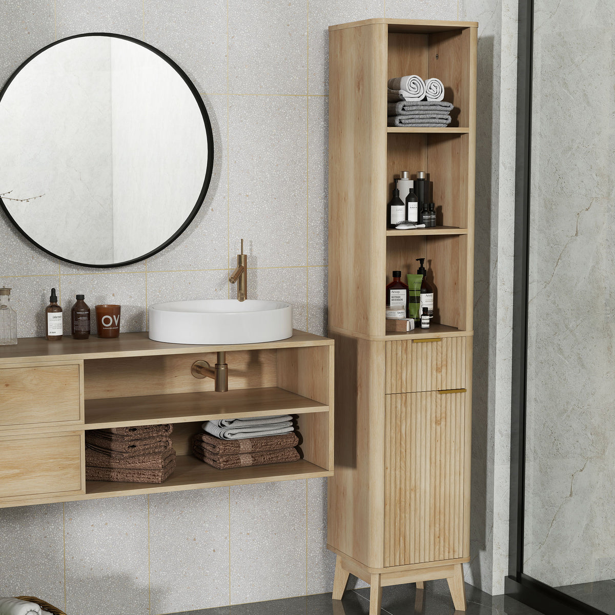 Coluna de Casa de Banho Móvel de Casa de Banho Estreito com Porta Canaleda Gaveta 3 Compartimentos Abertos e Prateleiras Ajustáveis Armário Alto de Casa de Banho Moderno 33x30x170 cm Madeira — foto 2