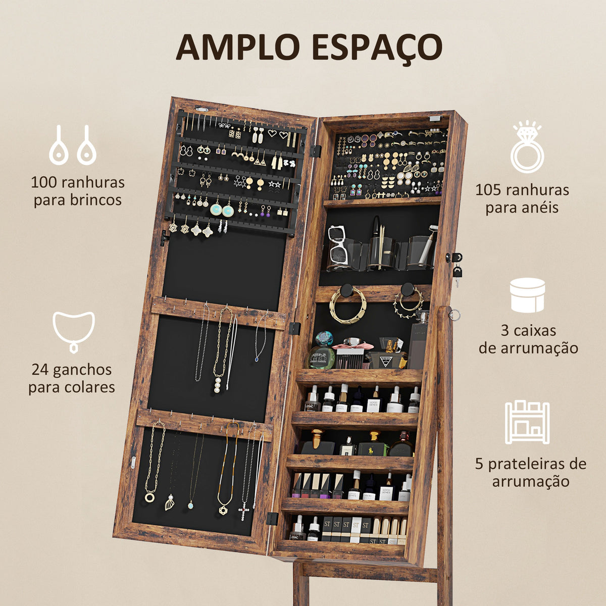 Joalheiro de Pé Armário para Jóias com Fita de Luz LED e Fechadura Magnética Organizador de Jóias com Prateleiras Ranhuras para Anéis Brincos 46x36,5x151,5 cm Madeira — foto 4