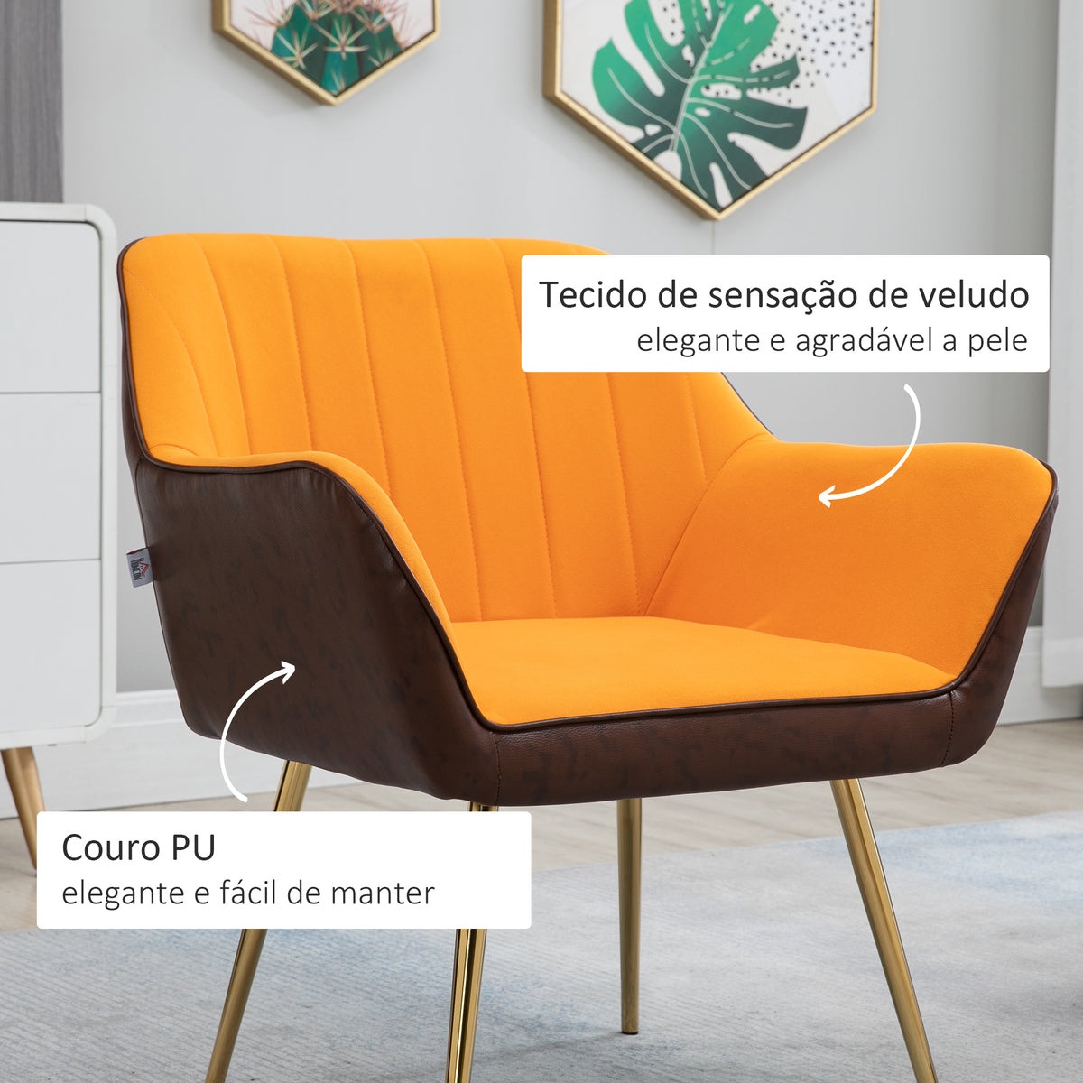 Poltrona de Sala de Estar Estofada em Couro Sintético e Veludo com Apoios para os Braços Pés Dourados e Estrutura de Aço Poltrona para Dormitório Carga 120 kg 64x62x72,5 cm Amarelo — foto 4