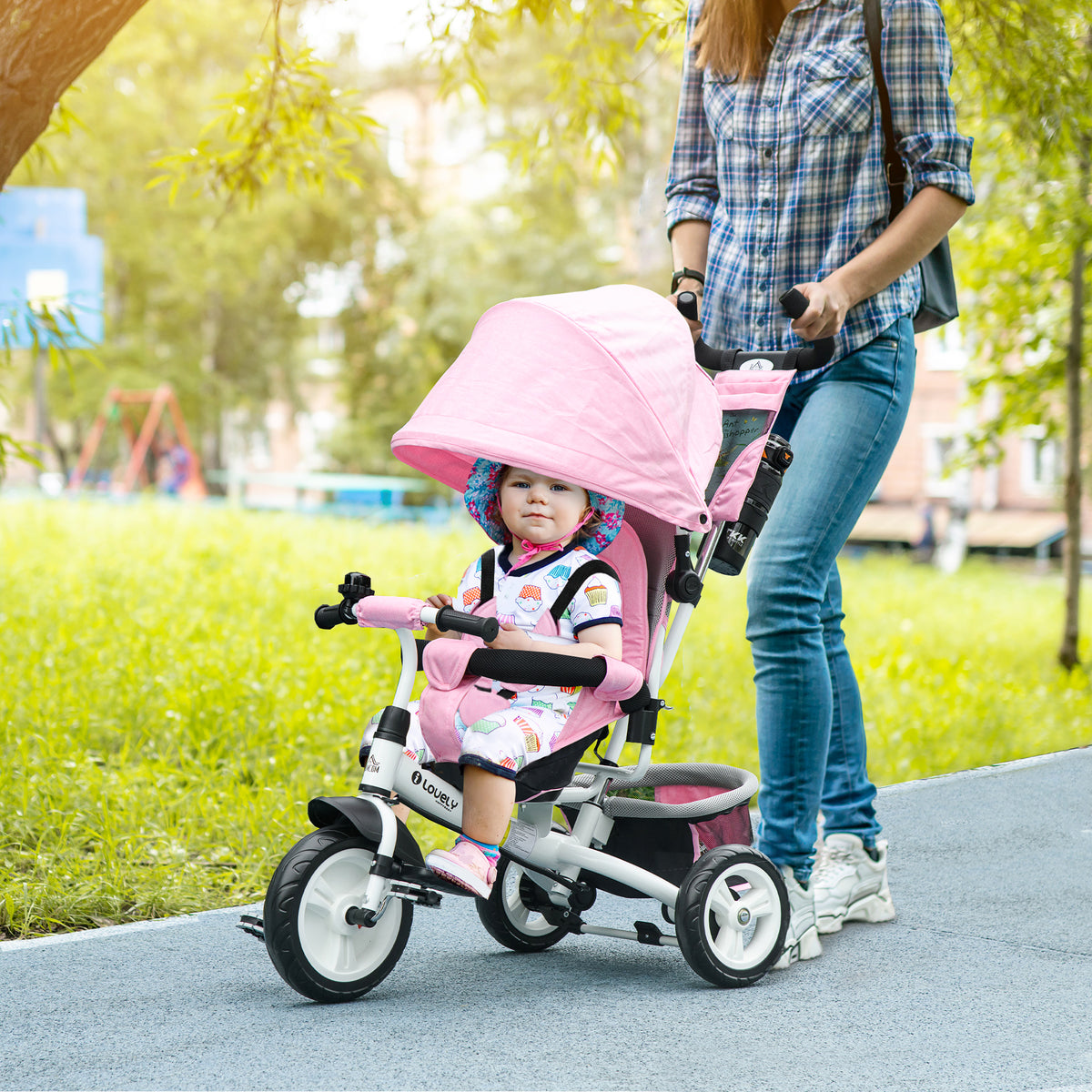 Triciclo para Bebés Triciclo Evolutivo para Crianças de +12 Meses com Capota Dobrável Guiador Telescópico e Removível Bolsa e Porta-Garrafas 102x49x102 cm Rosa — foto 2