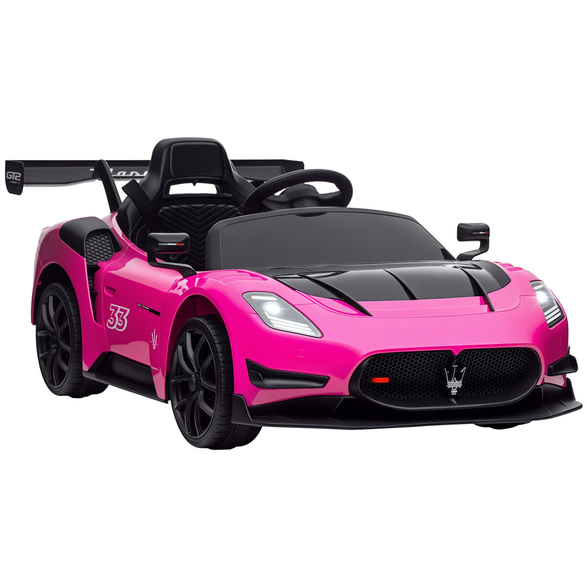 Carro Elétrico para Crianças acima de 3 Anos Carro Maserati GT2 Carro Elétrico a Bateria 12V Carro Elétrico para Crianças com Controlo Remoto Faróis LED Buzina Música e Rodas Auxiliares 115x60x45 cm Rosa — foto 1