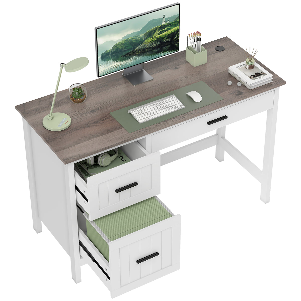 Secretária Rústica 120x50 cm Mesa de Secretária com 3 Gavetas e Bancada com Efeito Madeira Mesa para Computador para Estudo Escritório em Casa Branco — foto 1