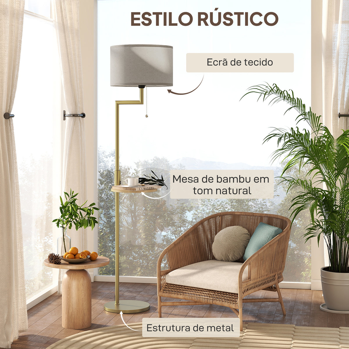 Candeeiro de Pé com Mesa Auxiliar Candeeiro com Prateleira Lâmpada E27 Máx. 40W com Ecrã de Linho Interruptor de Corrente e Carregador USB para Sala de Estar Ø40x170 cm Dourado — foto 4